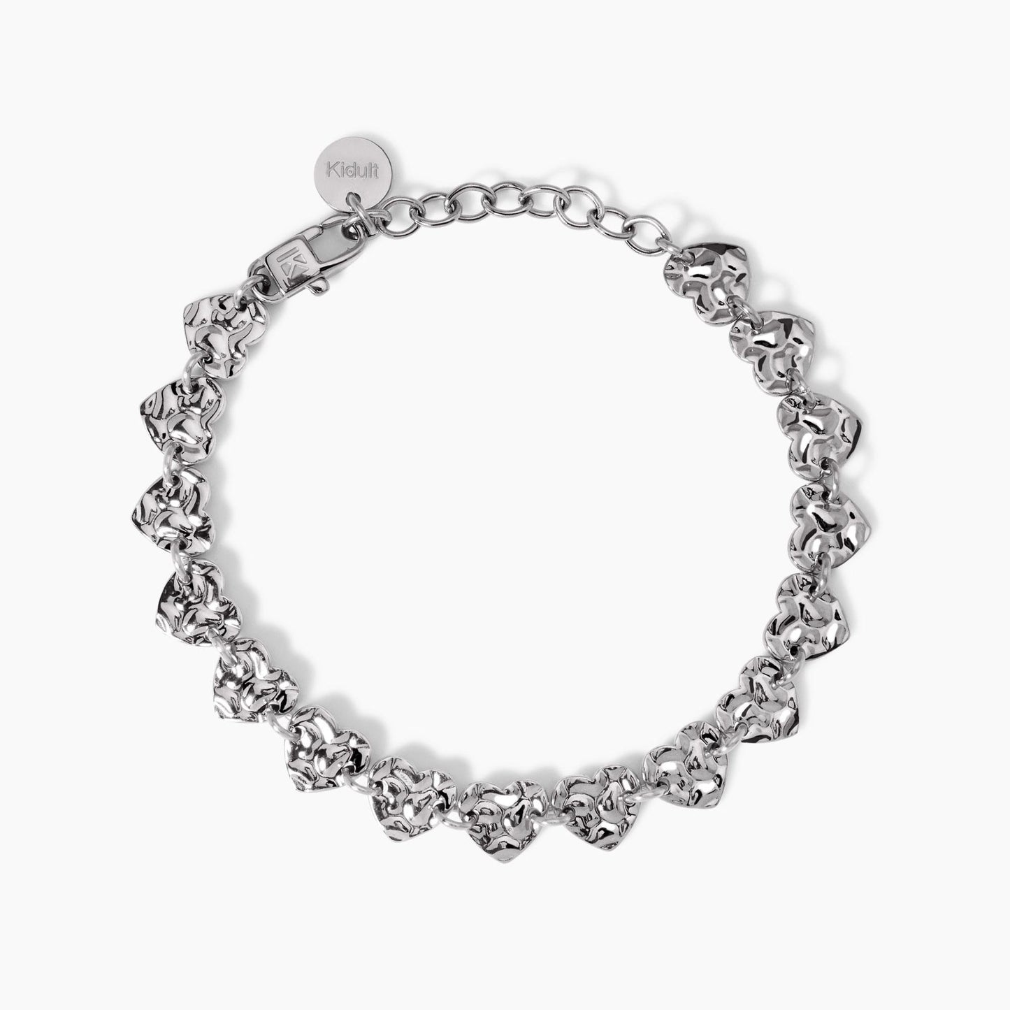 Bracciale cuori con effetto martellato in acciaio argentato