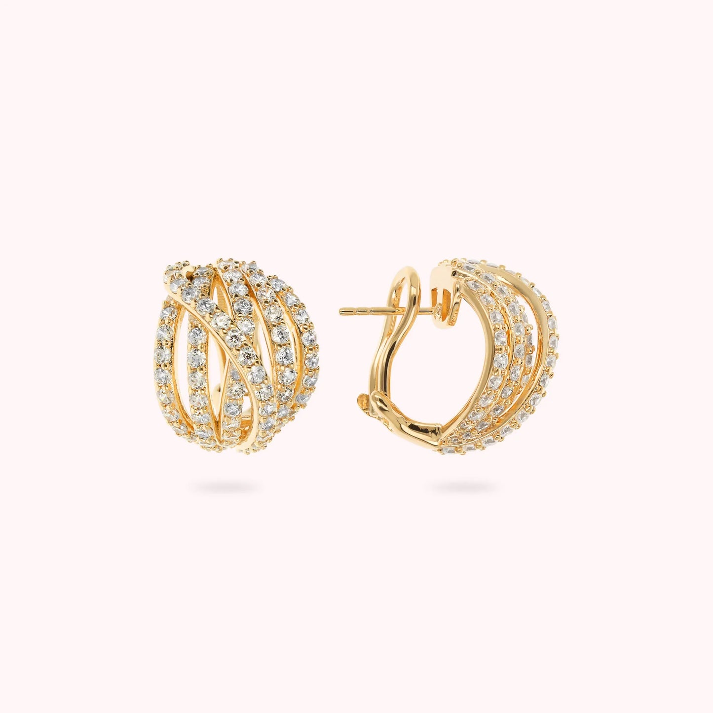 Orecchini a Sfera Golden Multifilo Incrociato con Pavé di Cubic Zirconia